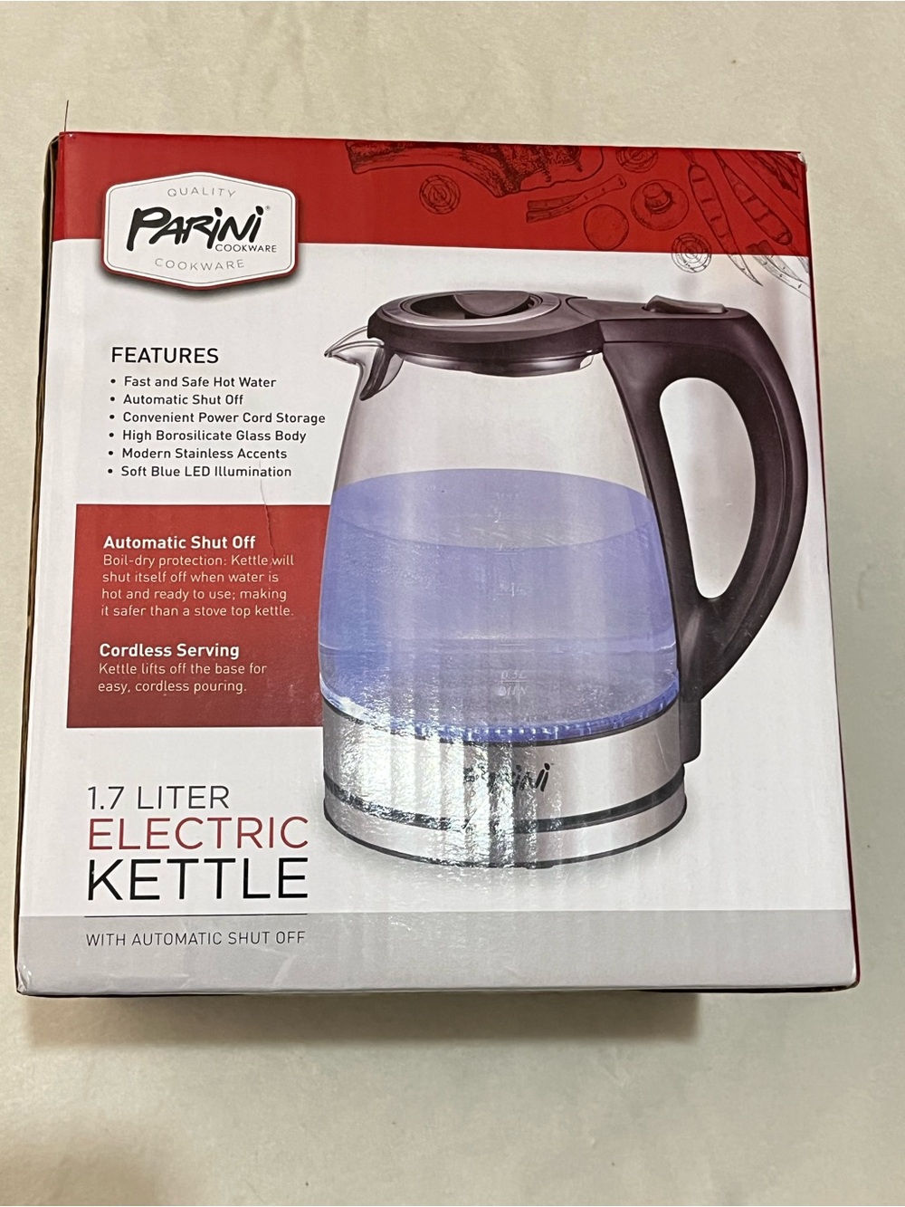 Parini Cookware 1.7L Electric Kettle in Black and Clear Glass